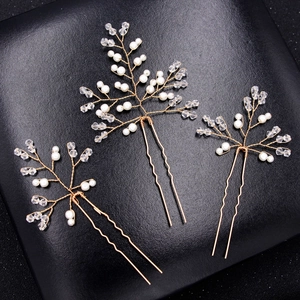 Three-piece gold beaded U-shaped hair pins set with white pearls and clear crystals