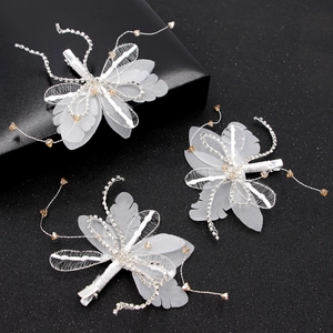 Set of 3 white lace dragonfly hair pins with sparkling rhinestones and amber beads