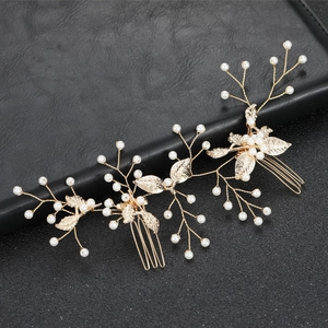 Baroque bridal hair comb set with golden leaves and pearls for European weddings