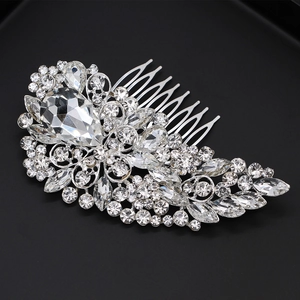 Silver bridal hair comb with waterdrop rhinestone and marquise crystals on black background
