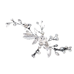 Silver bridal hair clip with handmade floral alloy petals, pearls, and crystals for wedding