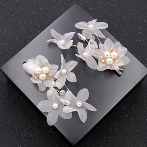 Korean Style Bridal Organza Flower Hair Clip Artificial Pearl Rhinestone Headpiece For Women Girls Wedding Hair Accessory