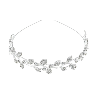 Detailed view of silver bridal crown with intricate rhinestone leaves and vines