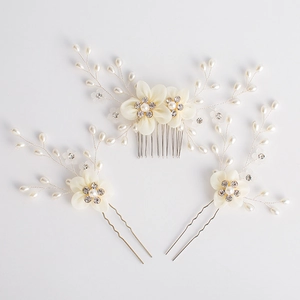 Elegant ivory fabric flower bridal hair comb and pin set with pearls and rhinestones