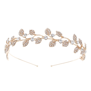 Elegant gold bridal tiara with rhinestone wheat leaf design for wedding hair styling