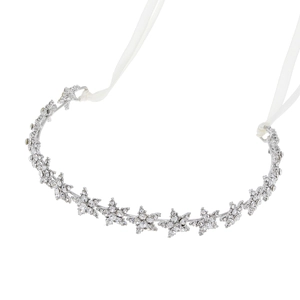 Couronne de mariée élégante en argent avec étoiles en cristal et rubans de satin blanc