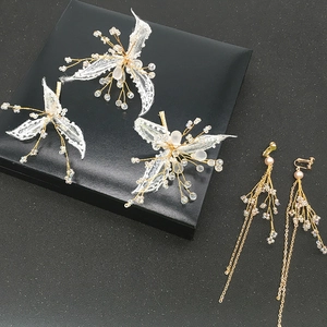 Handmade White Fabric Flower Lace Hair Pins And Ear Hooks Set Gold Alloy Artificial Pearl Bridal Wedding Hair Jewelry For Women