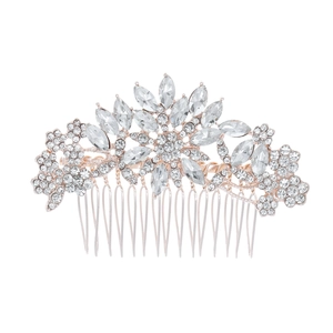 Peigne à cheveux de mariée en or rose avec fleurs en cristal et strass étincelants