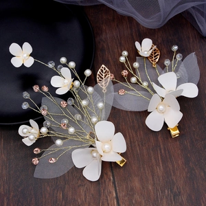 Handmade White Fabric Flower Hair Clip Gold Alloy Wire Faux Artificial Pearl Pink Rhinestone Bridal Wedding Accessories For Women