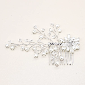 Handmade bridal hair comb with white pearls and crystals on silver wire base