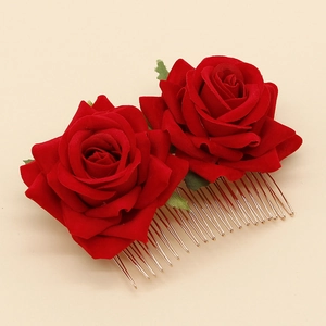 Elegant dual red velvet rose hair comb with gold metal teeth for bridal styling
