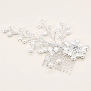 Handmade bridal hair comb with white pearls and crystals on silver wire vines