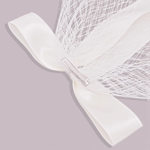Elegant white silk bow bridal veil with pearls and silver metal alligator hair clip