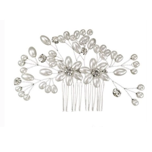 Elegant white pearl and rhinestone bridal hair comb with silver wire floral detail