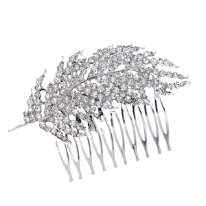 Peigne à cheveux de mariée élégant avec feuilles argentées et cristaux de strass brillants