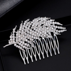 Peigne à Cheveux de Mariée en Alliage Feuille Classique Élégant Argent Brillant Strass Coiffe pour Robe de Mariée Femme Bijoux