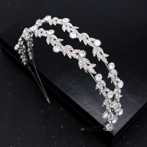 Serre-tête couronne de mariée avec double rangée de strass et design de feuilles en argent