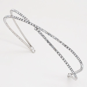 Serre-tête croisé argenté orné de strass brillants pour mariages et événements