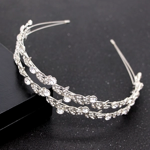 Diadème de mariée européen élégant avec feuilles de strass doubles et bandeau en argent