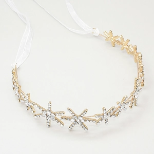 Sparkling gold star bridal headband with rhinestones and white silk ribbons for weddings