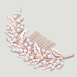 Pettine sposa oro rosa con foglie traforate, perle e strass per acconciature gala