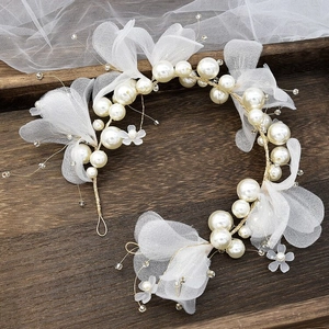 Serre-tête de Mariée en Gaze de Künstliche Perle Française Fait à la Main Élégant Blanc Floral Accessoires Cheveux de Mariage Fête Bijoux Femmes