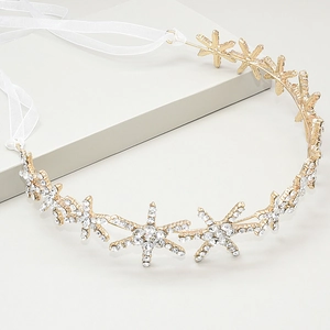 Sparkling crystal snowflake bridal headband with white silk ribbons for weddings