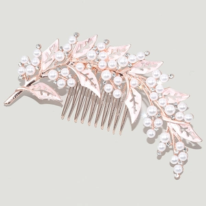 Pettine per capelli oro rosa con foglie, perle e strass per acconciature da sposa