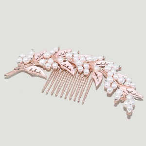 Pettine per capelli sposa oro rosa con foglie smaltate, perle e strass luccicanti