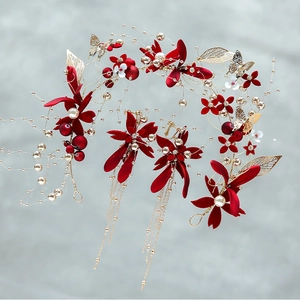 Elegant red velvet flower bridal headpiece set with golden leaf tassels and earrings