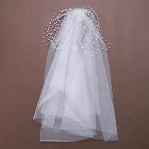 White Bridal Veil With Faux Artificial Pearl Chain Soft Mesh Short Wedding Veil With Hair Comb For Bride Wedding Photography Women