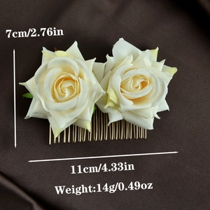 Detail view of cream white velvet rose hair comb with dimension 11cm by 7cm dimensions