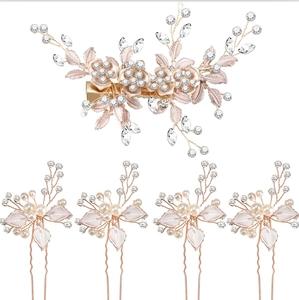 Braut Haarschmuck Set mit roségoldenen Strasssteinen und weißen Perlen