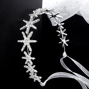 Shiny Rhinestone Snowflake Star Bridal Headband With Satin Ribbon Gold Silver Alloy Wedding Hair Accessories For Women