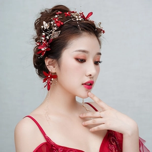 Exquisite red bridal headband and earring set with floral silk petals and gold leaves
