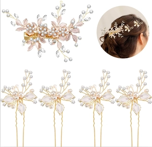 5-teiliges Brauthaarschmuck-Set mit Kristallblumen-Haarspange und Perlen-Haarnadeln