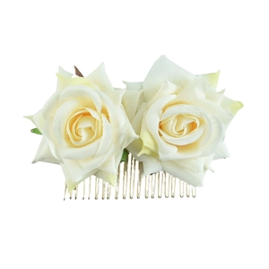 Elegant cream velvet double rose flower hair comb with golden metal prongs for bridal hair