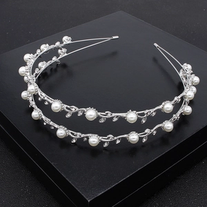 Elegant silver bridal double headband with white pearls and sparkling leaf rhinestones