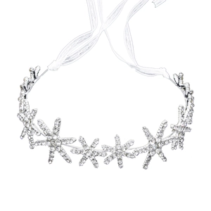 Elegant silver bridal headband featuring sparkling rhinestone stars and white ribbons