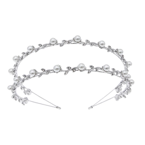 Silver alloy double row bridal headband with white pearls and sparkling leaf rhinestones