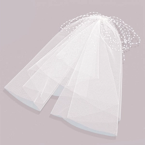 Detail of bridal veil with double-layer soft mesh and elegant faux pearl beaded headpiece