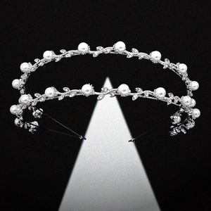 Bridal Double Row Artificial Pearl Rhinestone Leaf Headband Alloy Silver Hair Accessory For Wedding Banquet Party Women Fashion Jewelry