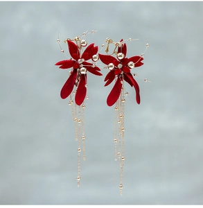 Red Velvet Flower Gold Leaf Bridal Hairband And Earrings Long Tassel Handmade Wedding Headpiece For Women Hair Accessories