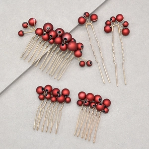 Handmade bridal hair accessories set with red pearls and golden wire hair combs and pins