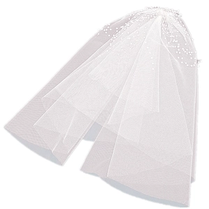 Detailed macro view of white bridal veil with delicate pearl beads and soft layered tulle