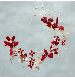 Handmade bridal hair vine with red velvet flowers and golden leaves for wedding hairstyles