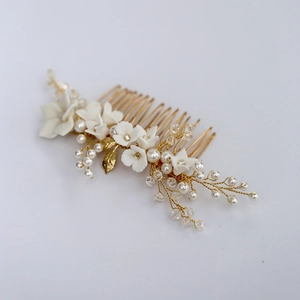 Romantic bridal hair comb with handmade white flowers, pearls, and crystals on gold wire