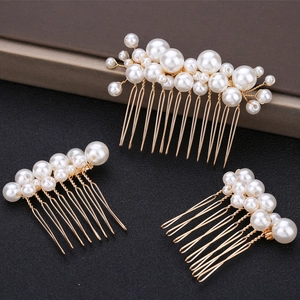 Elegant 3-piece bridal pearl hair comb set with golden wire for wedding hairstyles