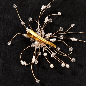 Barrette de mariée faite main avec perles blanches et cristaux sur fils dorés