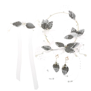 Close-up of bridal hair accessories set with grey-blue leaves, pearls and white lace ribbon